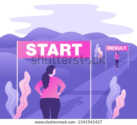 Weight loss before and after concept - illustration for diet program, fasting, liposuction, fitness - eliminating the problem of excess weight - start and finish 