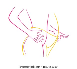 Weight Loss - Before and After losing weight - slim woman putting big plus-size pants which she wore previously - conceptual vector emblem