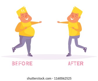 Weight loss. Before and after. Obesity Vector. Cartoon. Isolated art on white background. Flat