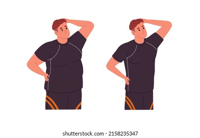 Weight loss, body transformation concept. Before and after, man figure comparison. Changing, progress, transforming from fat shapes to slim. Flat vector illustration isolated on white background
