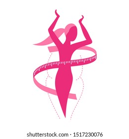Weight loss challenge diet program logo (isolated icon) - abstract woman silhouette (fat and shapely figure) with measuring tape around 