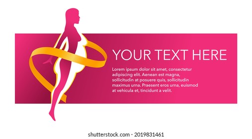 Weight loss challenge diet program modern banner template - slim woman silhouette with measuring tape around and place for slogan or company name. Vector illustration svg