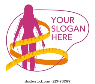 Weight loss challenge diet program banner - abstract shapely slim woman silhouette with measuring tape around and place for slogan