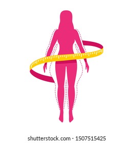 Weight loss challenge logo (isolated icon) - female silhouette (fat and shapely figure) with measuring tape around