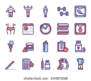 Weight loss color linear vector icons set. Physical exercising and healthy nutrition, diet contour symbols. Obesity, overweight treatment. Measure tape, scales, water bottle outline illustrations