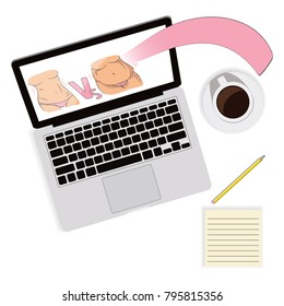 weight loss computer on laptop screen top view popup dest with coffee note weight loss plan healthy plan diet program online