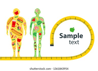 Weight loss concept. Before and after diet and fitness. Fat and thin man. Healthy lifestyle, a healthy diet and daily routine. Diet. Blank space for your content, template.