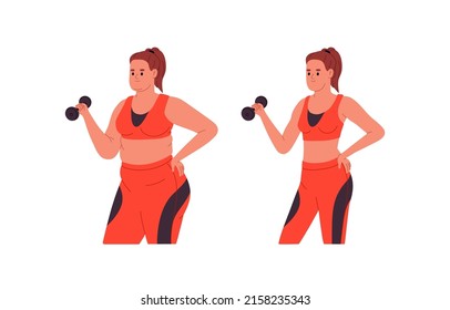 Weight loss concept. Before and after of women body, fat and slim comparison. Girl with dumbbell in gym sportswear exercising, losing belly. Flat vector illustration isolated on white background