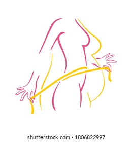 Weight loss concept - dieting program logo (isolated icon) in form of abstract woman silhouette (fat and shapely figure) with measuring tape around 