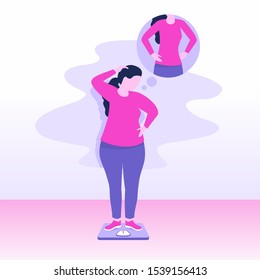 Weight loss concept - fat overweight woman stands on body scales and thinking about slimming - vector fitness or diet program illustration