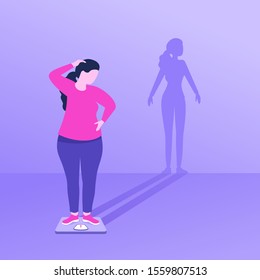 Weight loss concept - fat overweight woman stands on body scales,  thinking about slimming and sees her slim shadow on the wall - vector fitness or diet program illustration