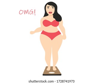 Weight loss concept - fat overweight woman stands on body scale vector illustration