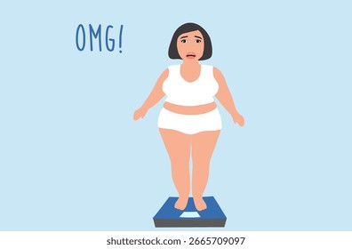 Concepto de pérdida de peso - mujer con sobrepeso de grasa se para en la Ilustración vectorial de la escala corporal