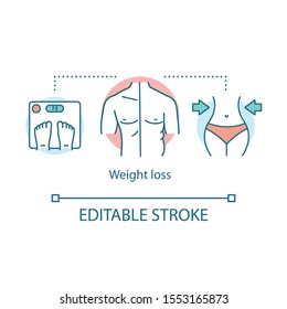 Weight loss concept icon. Dieting idea thin line illustration. Healthy lifestyle, healthcare, fitness. Dietary nutrition. Slim body, scales. Vector isolated outline drawing. Editable stroke