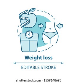 Weight loss concept icon. Dieting idea thin line illustration. Healthy lifestyle, healthcare, fitness. Sport, dietary nutrition, diet food. Vector isolated outline drawing. Editable stroke