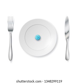 Weight loss concept. Medicine pills or capsules on a plate with a fork. Vector illustration. Drug prescription for treatment obesity, improper nutrition concept.