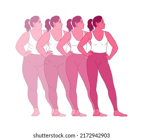 Weight loss concept. Plus size woman, normal weight woman. Girls with different body mass. Diet and weight loss concept. Vector cartoon illustration.