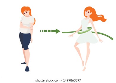 Weight loss concept with red head woman body transformation cartoon character design flat vector illustration on white background