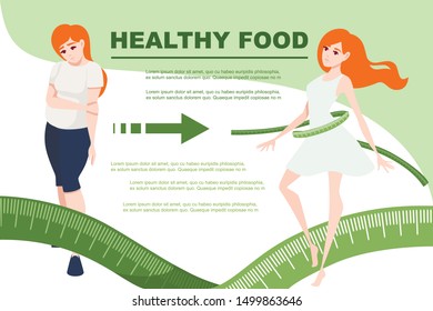 Weight loss concept with red head woman body transformation with measuring tape cartoon character design flat vector illustration on white background with place for text greetings card design