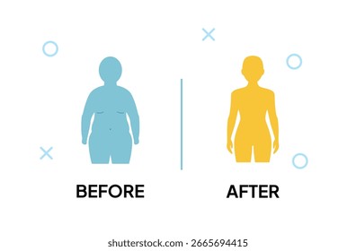 Gewichtsverlust Konzept zeigt vor und nach Zahlen des Körpers der Frau in blau und gold auf weißem Hintergrund, die die Transformation und Fortschritte für Fitness-Marketing.