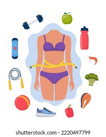 Weight loss concept. Slim woman body in underwear surrounded by healthy lifestyle icons. Healthy food and sport. Vector illustration