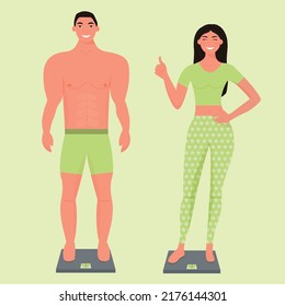 Weight loss concept. Strong and muscular man and sporty woman posing standing on scales smiling and happy. Slender body, Slim posture, fitness. Happy athlete, bodybuilding. Cartoon vector illustration