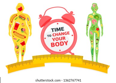 Weight loss concept. Time to change your body. Fat and thin woman. Obesity.