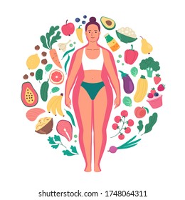 Weight loss concept. Vector illustration of cartoon young woman with slim body in underwear over the overweight body silhouette surrounded by healthy food icons. Isolated on white.