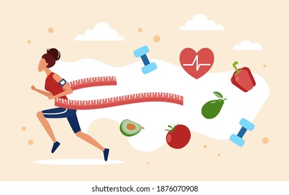 Weight loss concept vector illustration. Cartoon slim woman character slimming after vegetable diet eating, sport fitness exercises and jogging, losing weight control. Healthy lifestyle background