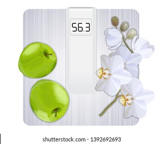 Weight loss concept, white floor scale, green apples and white orchid top view vector illustration