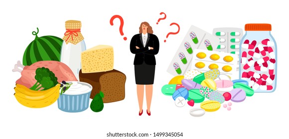 Weight loss concept. Woman chooses between diet and pills. Healthy food or drugs, vector illustartion