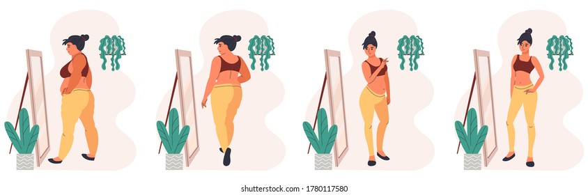 Weight loss concept. The woman who looks in the mirror. Vector cartoon illustration of a fat and slim woman figure. svg