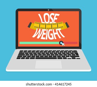 Weight loss concept. Word and measuring tape on the laptop screen.
