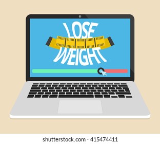 Weight loss concept. Word and measuring tape on the laptop screen.