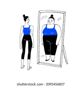 Weight loss concept - Young fit, slim woman looking at fat girl in mirror's reflection on white background. Thinking she's not enough sportive. Concept of healthy lifestyle, fitness, sport, nutrition 