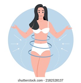 Weight loss concept. Young slender girl in underwear. Proper nutrition, health care and active lifestyle. Fitness and sports. Happy woman with beautiful figure. Cartoon flat vector illustration
