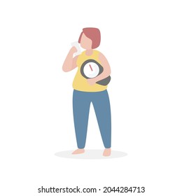 Weight loss concept,worry about eating,stand looking at the details calorie calculator on smartphone,Having to carry a weight scale all the time,