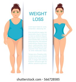 Weight loss design template with place for your text. Obese sad woman becomes slim and happy due to diet and fitness exercises. Healthy style concept. vector illustration.