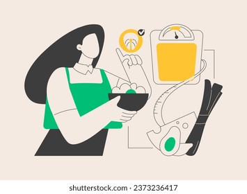 Weight loss diet abstract concept vector illustration. Low-carb diet, healthy food, high protein menu ideas, drink water, healthy recipe, meal plan, body transformation abstract metaphor.