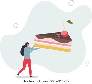 Weight loss diet, balanced healthy products.young woman with a piece of cake.flat design with people.