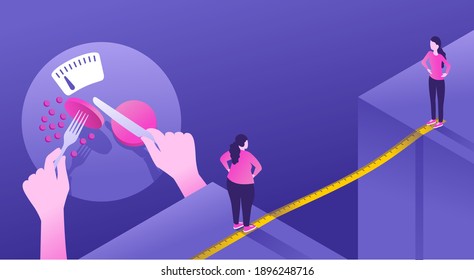 Weight loss diet before and after concept - isometric illustration with woman stands near a gap, with measurment tape as a bridge