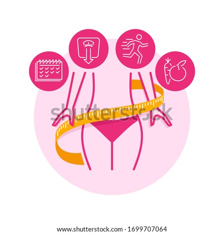 Weight loss diet challenge logo (isolated icon) - female silhouette (fat and shapely figure) with measuring tape and tjematical icons around