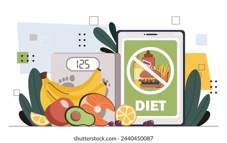 Concepto de dieta de pérdida de peso. Alimentación saludable con vitaminas. Frutas y verduras cerca de smartphone. Plátano, aguacate, manzana y rodaja de pescado. Ilustración plana del vector de la historieta aislada sobre fondo blanco