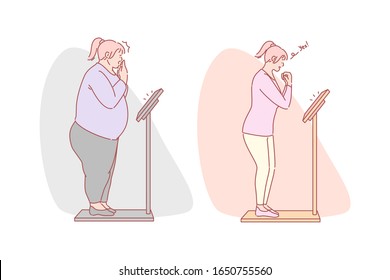 Weight loss, diet, fitness set concept. Fat obese woman stands on scale terrified by big weight. Happy girl is happy about losing weight because of diet fitness. Before and after. Simple flat vector