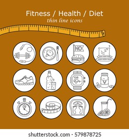 Weight Loss, Diet icons set. Fitness and health collection. Thin line design. Vector pictograms