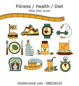 Weight Loss, Diet icons set. Fitness and health collection. Thin line design. Vector pictograms