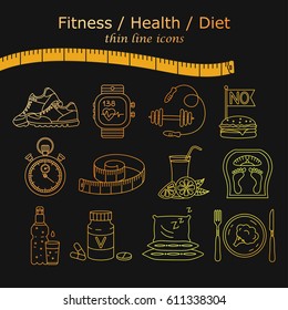 Weight Loss, Diet icons set. Fitness and health collection. Thin line design. Vector pictograms
