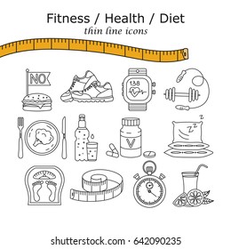 Weight Loss, Diet Icons Set. Fitness And Health Collection. Thin Line Design. Vector Pictograms