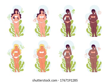 Weight loss, diet, infographics.Woman before and after weigh loss. Fat and slim woman