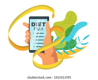 Weight loss diet plan flat vector illustration. Healthy eating, lifestyle. Slimming, calories counting recipes for men poster. Male hand holding smartphone and measure tape web banner template